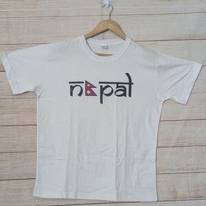 Unisex Size 42 White Cotton Top "Nepal Flag" Print T-shirt
